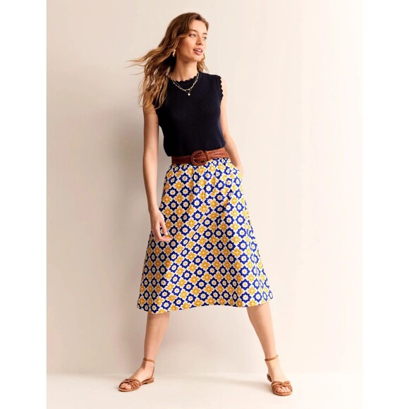Boden Hattie Poplin Midi Skirt Womens Size 20LBlue Yellow Floral pockets A-line - Picture 1 of 6